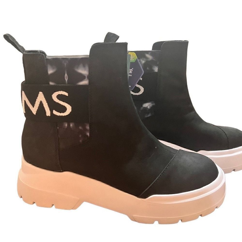 Toms Women's Black White Leather Pull-On Alpargata Combat Boots Shoes Size 8 NWT